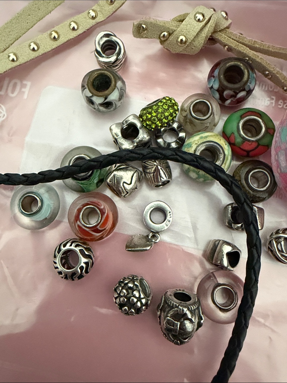 Pandora Black Braided Leather Necklace with Pink and Green Charm Accents - Picture 3 of 9
